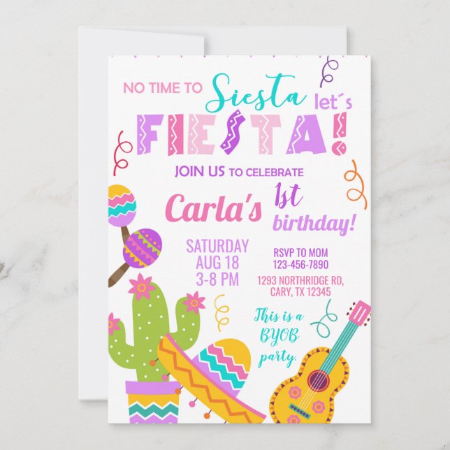 Convite pink Fiesta girl birthday invitation, any age. (Frente)