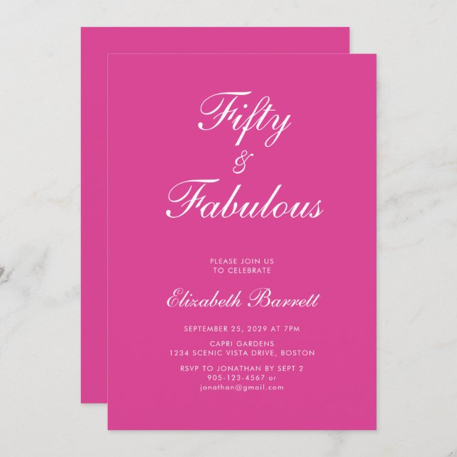 Convite Pink Fifty and Fabulous Script 50th Birthday Party (Frente/Verso)