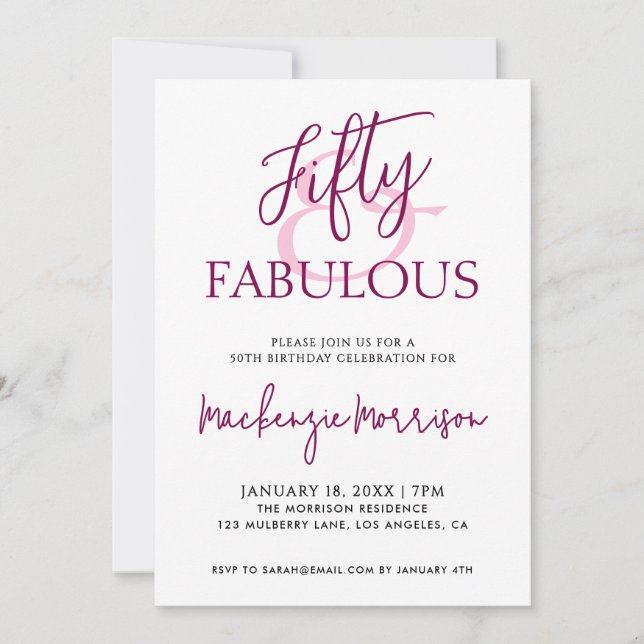 Convite Pink Fifty and Fabulous Script Birthday Party (Frente)