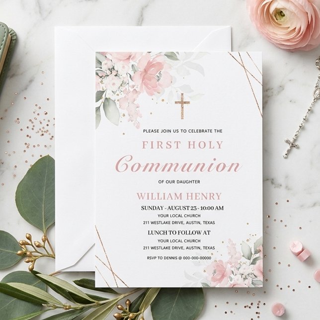Convite Pink First Holy Communion Invitation  (Criador carregado)
