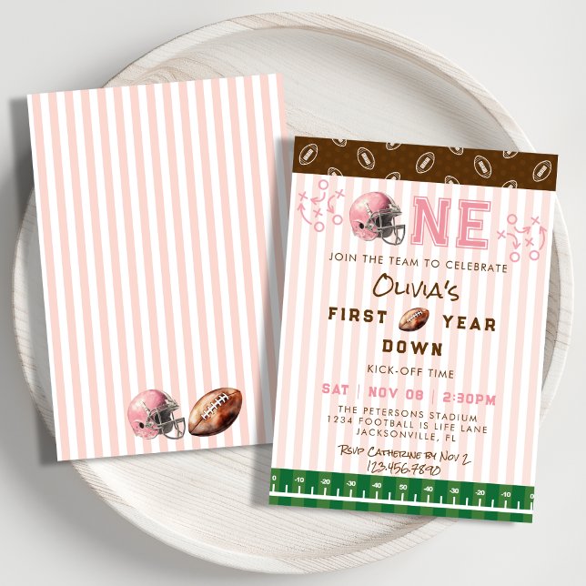 Convite Pink First Year Down Football 1st Birthday Party (Criador carregado)