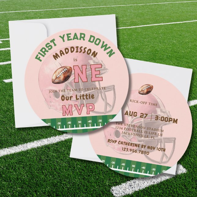 CONVITE PINK FIRST YEAR DOWN FOOTBALL 1ST BIRTHDAY THEME (Criador carregado)