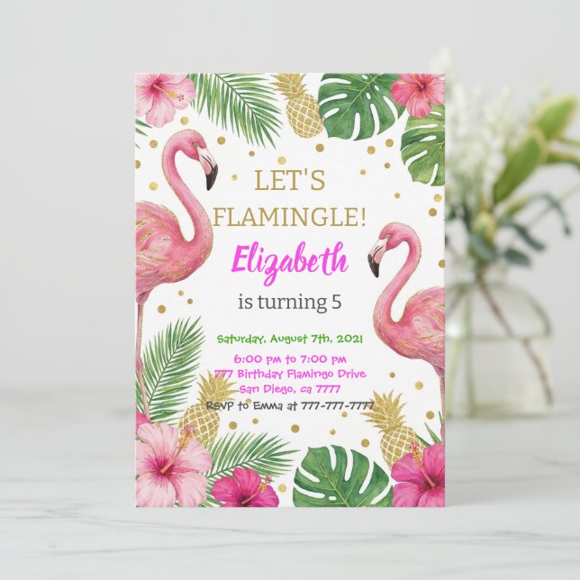 Convite Pink Flamingo Pool Birthday Party (Em pé/Frente)