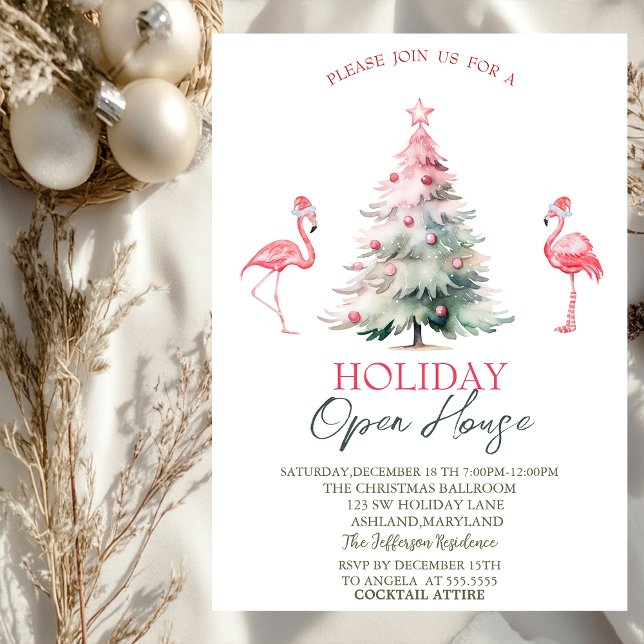 Convite Pink Flamingos Pine Tree Holiday Open House  (Criador carregado)