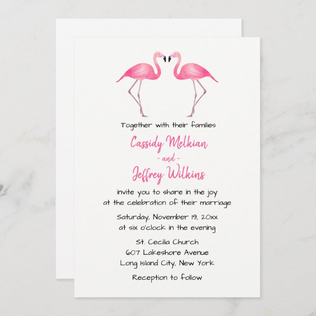 Convite Pink Flamingos Weding Tropical Summer Beach (Frente/Verso)