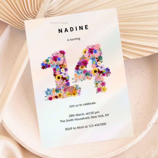 Convite Pink Floral 14th Birthday Garden Spring Wildflower (boho soft pink floral, flower arrangement, invitation invite, cute unique girly, elegant modern, 14t)