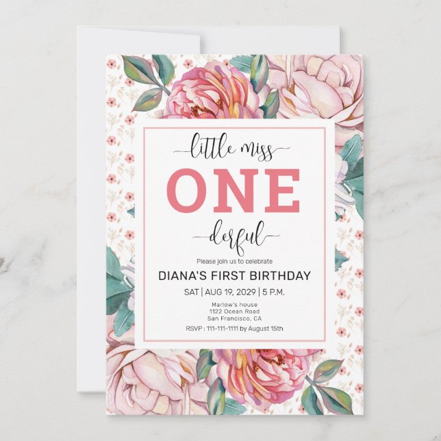 Convite Pink Floral 1st Birthday Invitation (Frente)