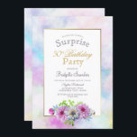 Convite Pink Floral 50th Birthday Surprise Party<br><div class="desc">Uma surpresa floral azul e cor-de-rosa 50º convite de aniversário com borda dourada e pintada de aquarela pastel.</div>