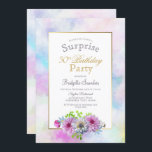 Convite Pink Floral 50th Birthday Surprise Party<br><div class="desc">Uma surpresa floral azul e cor-de-rosa 50º convite de aniversário com borda dourada e pintada de aquarela pastel.</div>