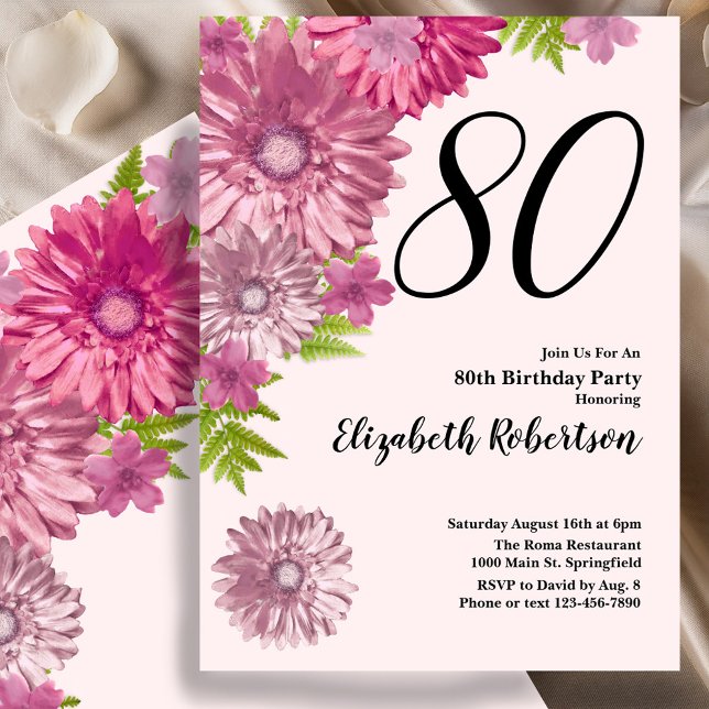 Convite Pink Floral 80th Birthday Invitation in Blush Pink (Criador carregado)