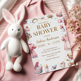Convite Pink Floral Baby Girl Shower Invitation with Toys 