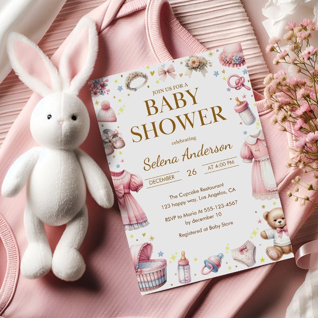 Convite Pink Floral Baby Girl Shower Invitation with Toys  (Criador carregado)
