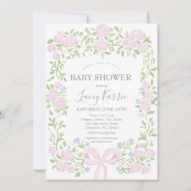 Convite Pink Floral Baby Shower Invitation,  (Frente)
