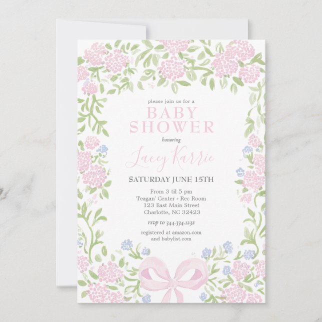 Convite Pink Floral Baby Shower Invitation,  (Frente)