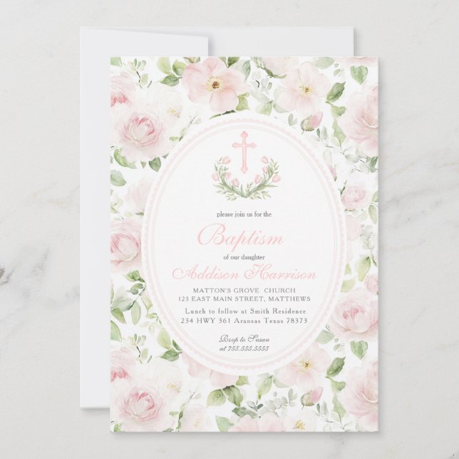 Convite Pink floral Baptism Invitation, Girl Baptism,  (Frente)