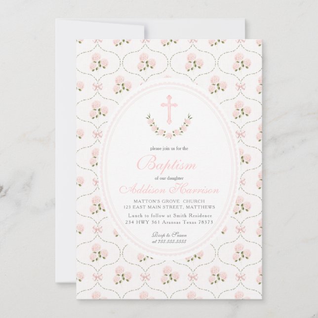Convite Pink floral Baptism Invitation, Girl Baptism,  (Frente)