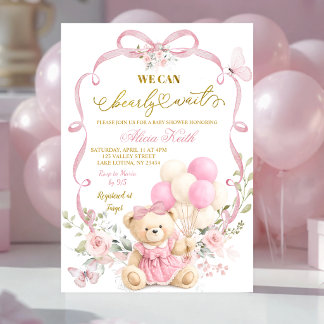 Convite Pink Floral Bow Coquette Bearly Wait Baby Shower