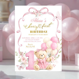 Convite Pink Floral Bow Coquette Beary First Birthday