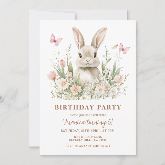 Convite Pink Floral Bunny Rabbit Girl Birthday Party  (Frente)