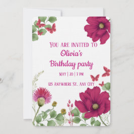 Convite Pink Floral Butterfly  Birthday Invitation