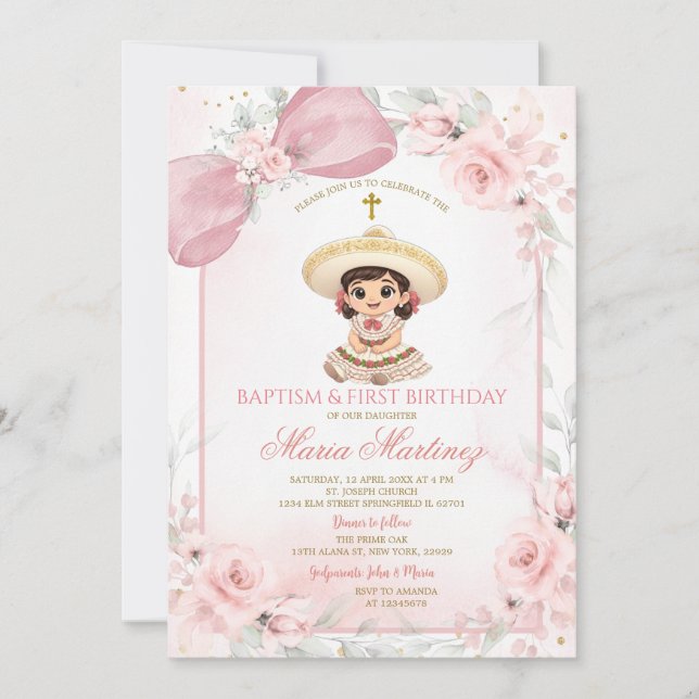 Convite Pink Floral Charra Girl Baptism & First Birthday (Frente)