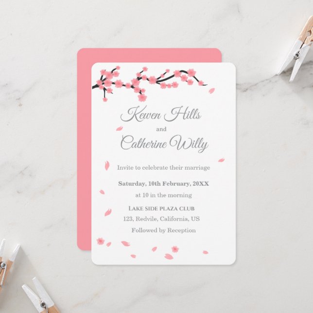 Convite Pink Floral Cherry Blossom Wedding Invitation (Frente/Verso In Situ)