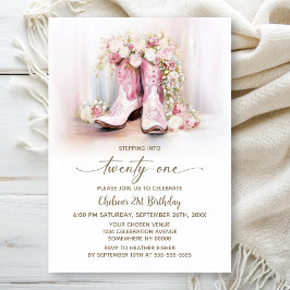 Convite Pink Floral Cowgirl Boots 21st Birthday Party