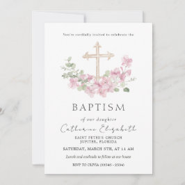 Convite Pink Floral Cross Eucalyptus Leaves Baptism