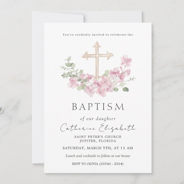 Convite Pink Floral Cross Eucalyptus Leaves Baptism (Frente)