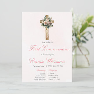 Convite Pink floral cross first communion 