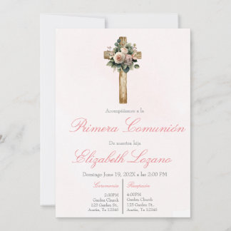 Convite Pink floral cross first communion Spanish 