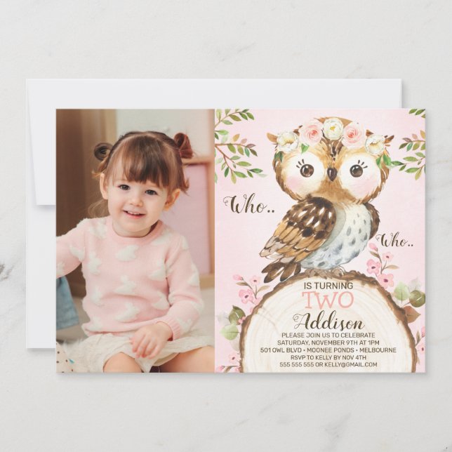 Convite Pink Floral Crown Owl Photo Birthday Invitation (Frente)