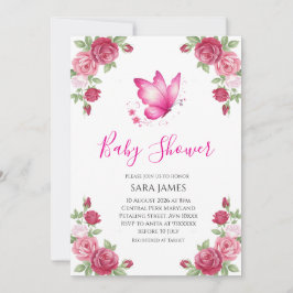 Convite Pink Floral Cute Butterfly Baby Shower Invitation