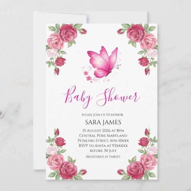 Convite Pink Floral Cute Butterfly Baby Shower Invitation (Frente)