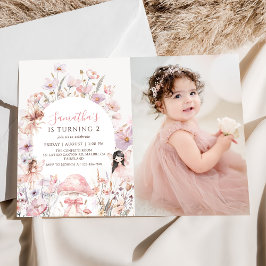 Convite Pink Floral Fairy Birthday Photo Invitation