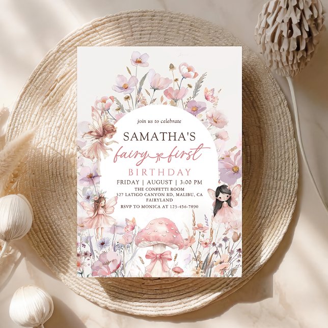 Convite Pink Floral Fairy First Birthday Invitation (Criador carregado)