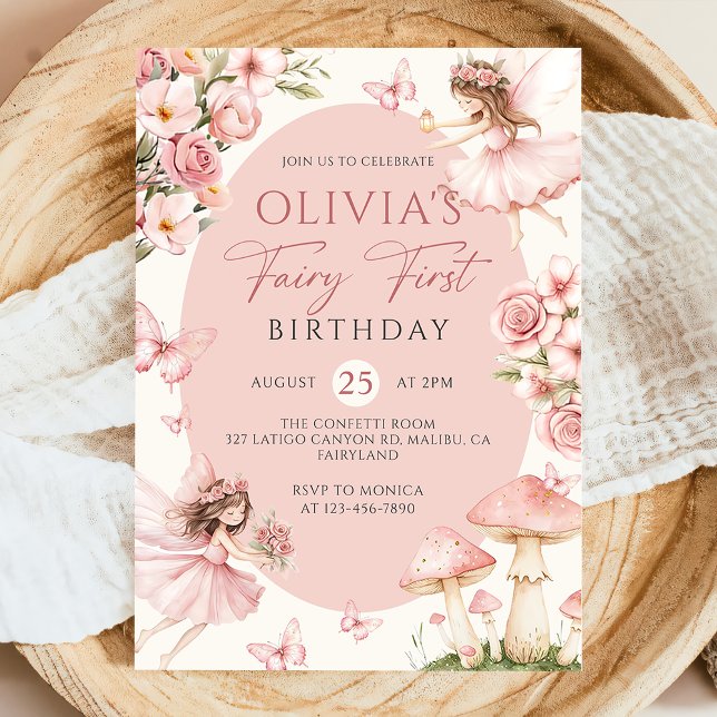 Convite Pink Floral Fairy First Birthday Invitation (Criador carregado)