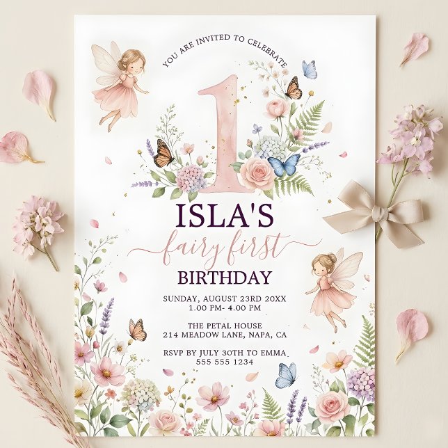 Convite Pink Floral Fairy First Birthday Invitation (Pink Floral Fairy First Birthday Invitation)