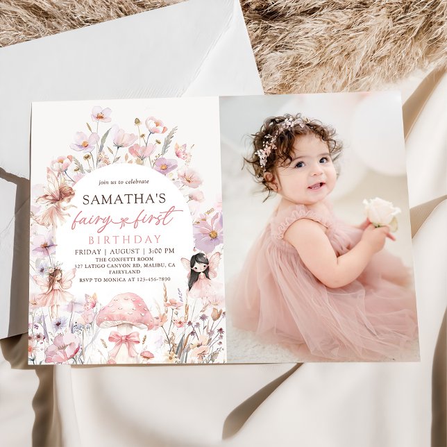 Convite Pink Floral Fairy First Birthday Photo Invitation (Criador carregado)