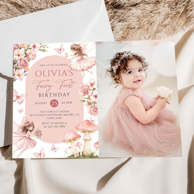 Convite Pink Floral Fairy First Birthday Photo Invitation (Criador carregado)
