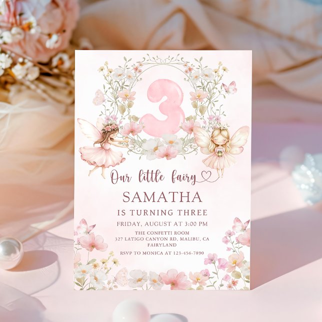 Convite Pink Floral Fairy Garden 3rd Birthday Invitation (Criador carregado)