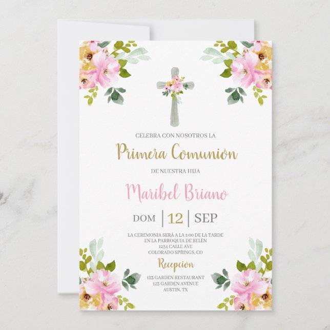 Convite Pink Floral First Communance Espanhol (Frente)