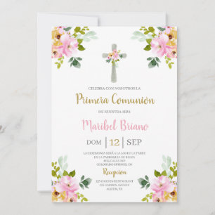 Convite Pink Floral First Communance Espanhol