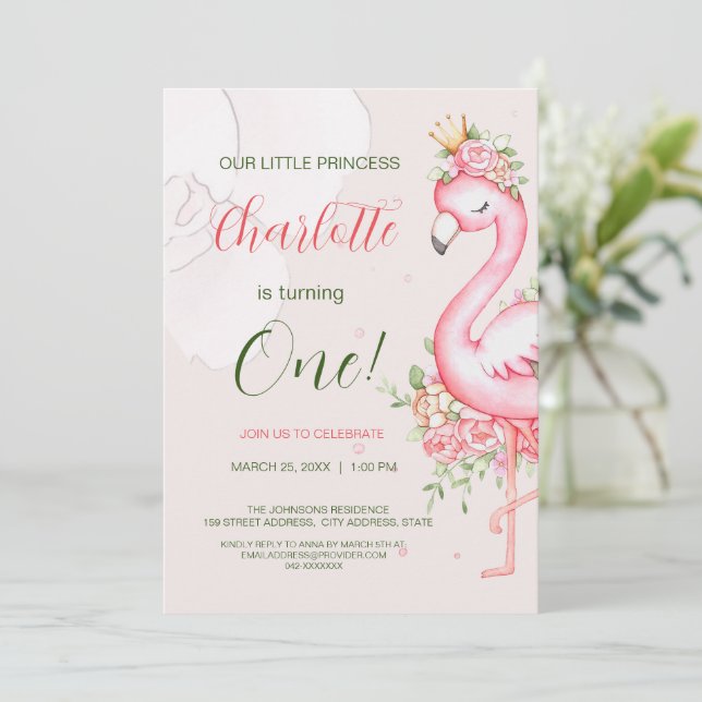 Convite Pink Floral Flamingo Girl Birthday Invitation (Em pé/Frente)