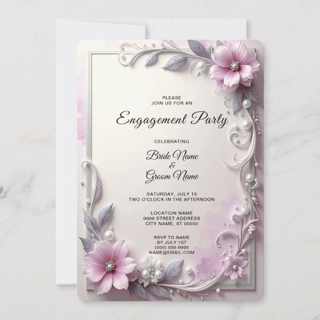 Convite Pink Floral Frame Engagement (Frente)