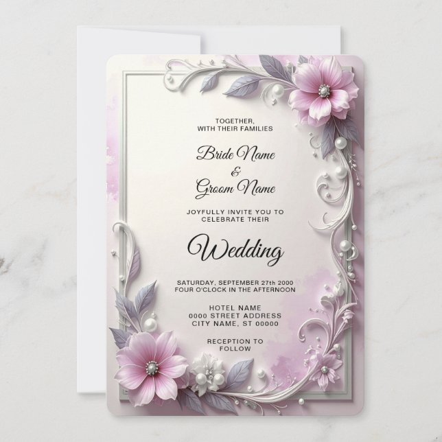 Convite Pink Floral Frame Wedding Invitation (Frente)