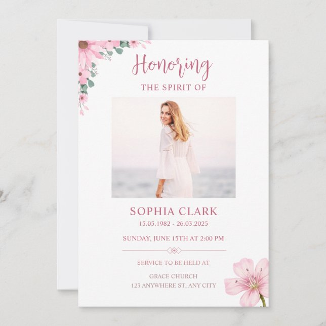 Convite Pink Floral Funeral Invitation Celebration of Life (Frente)