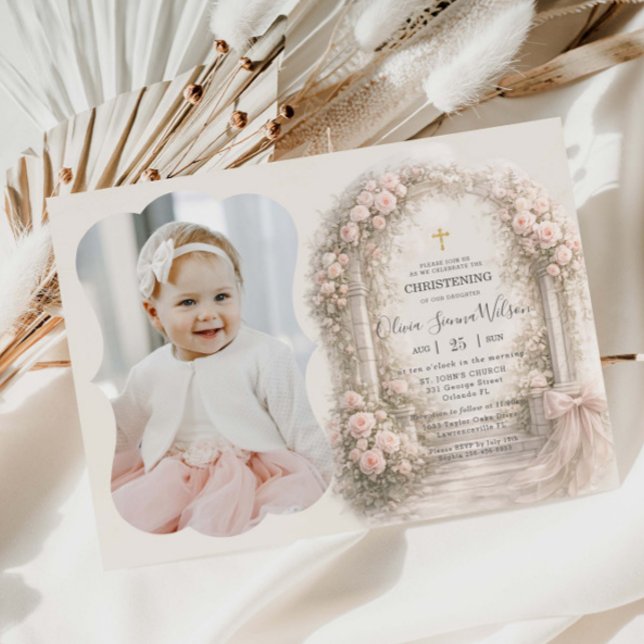Convite Pink Floral Garden Bow Baptism Christening Photo (Criador carregado)
