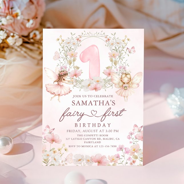 Convite Pink Floral Garden Fairy First Birthday (Criador carregado)