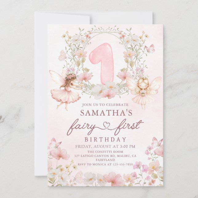 Convite Pink Floral Garden Fairy First Birthday (Frente)